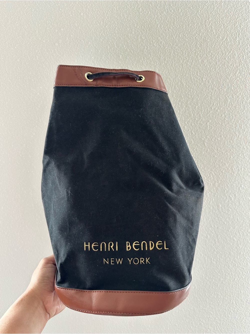 henri bendel Black Canvas Drawstring Duffel with Brown Trim